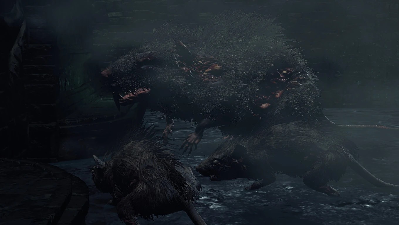 Гигантская крыса со своей свитой в канализации.