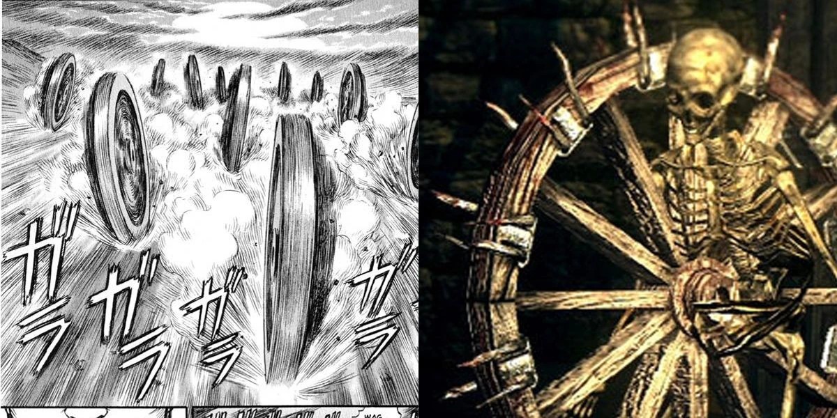 Скелет-колесо и кадр из манги Берсерк.